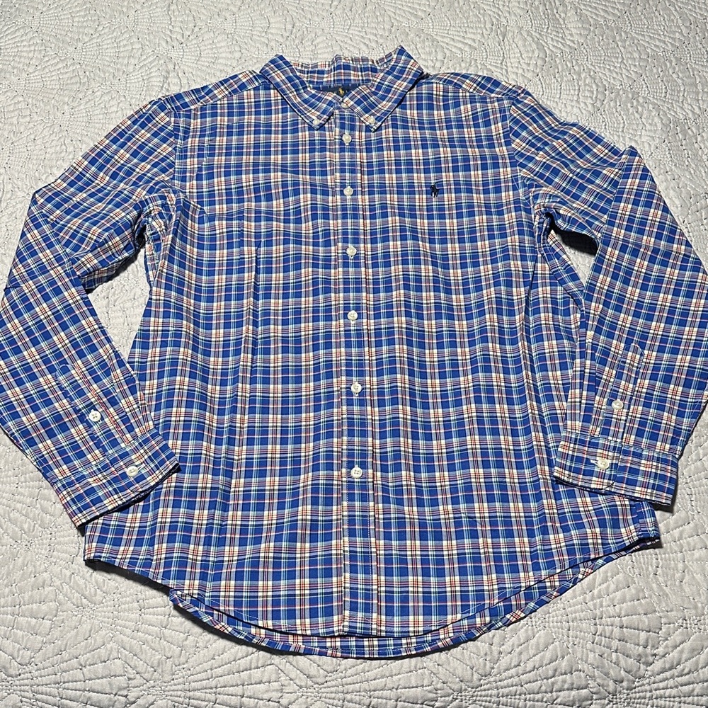 Ralph Lauren Boys Blue Checked Button-Up Shirt, EUC, Size XL